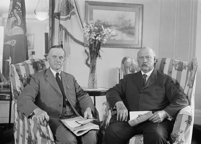 Framed Print : President Calvin Coolidge meeting with Secretary of War, John Weeks, on August 3, 1923. They met in the Coolidge family residence at the Willard Hotel