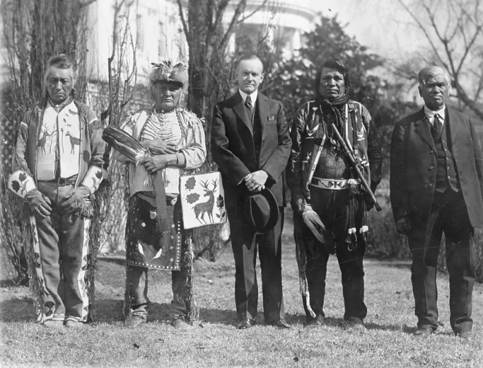 Framed Print : President Calvin Coolidge with four Northwestern Native Americans on Feb. 18, 1925 Framed Print : President Calvin Coolidge with four Northwestern Native Americans on Feb. 18, 1925
