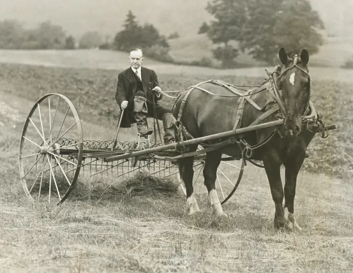 Framed Print : Former President Calvin Coolidge raking hay at his childhood home in Plymouth Notch, Vermont. July 14, 1931 (CSU_2015_9_790)
