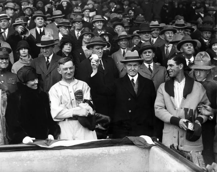 Framed Print : President Calvin Coolidge throws the first ball in the third game of the 1925 World Series
