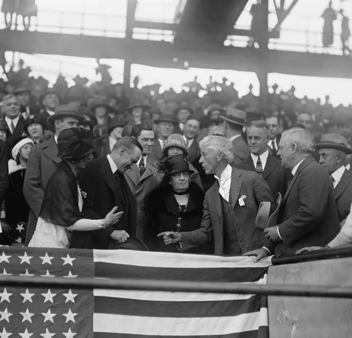 Framed Print : President Calvin and Grace Coolidge greeting Judge Kenesaw Landis, Oct. 9, 1924. The President and the Major League Baseball Commissioner were attending the 1924 World Series