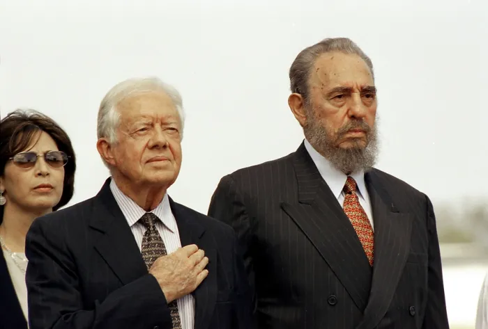 Framed Print : President Carter during the arrival ceremony of his visit to Cuba on May 12, 2002 at the invitation of Fidel Castro
