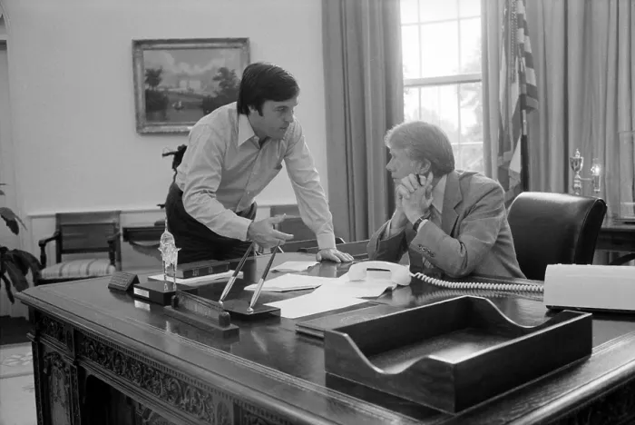 Framed Print : President Carter and his Chief of Staff Hamilton Jordan working on Panama Canal Treaty in the White House Oval Office. Ca. 1977-78