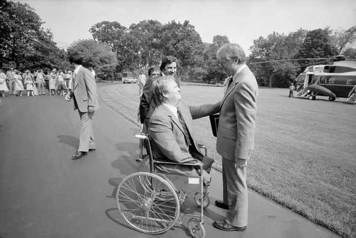 Framed Print : President Carter with Max Cleland b. 1942 a disabled Vietnam veteran who served as Administrator of Veterans Affairs in the Carter Administration. Ca. 1977-1980 Framed Print : President Carter with Max Cleland b. 1942 a disabled Vietnam veteran who served as Administrator of Veterans Affairs in the Carter Administration. Ca. 1977-1980