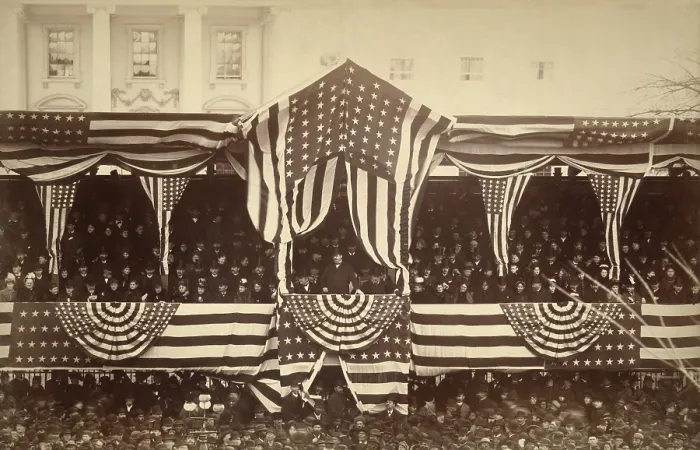Framed Print : President Cleveland in White House reviewing stand, during his first inauguration, March 4, 1885 Framed Print : President Cleveland in White House reviewing stand, during his first inauguration, March 4, 1885
