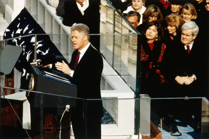 Framed Print : President Bill Clinton delivering his second inaugural address, Jan. 20, 1997. At right are House Majority Leader, Newt Gingrich and his second wife, Marianne Ginther Framed Print : President Bill Clinton delivering his second inaugural address, Jan. 20, 1997. At right are House Majority Leader, Newt Gingrich and his second wife, Marianne Ginther