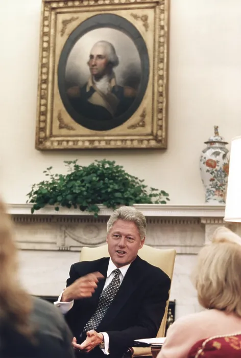 Framed Print : President Bill Clinton holds an election year news interview in the Oval office of the White House, Oct.1, 1996 (BSLOC_2021_7_11) Framed Print : President Bill Clinton holds an election year news interview in the Oval office of the White House, Oct.1, 1996 (BSLOC_2021_7_11)