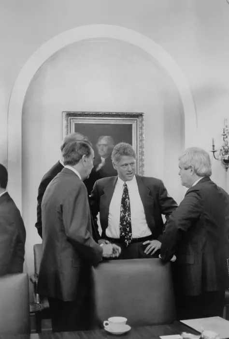 Framed Print : President Bill Clinton meet with Republican Congressional leaders in 1993. L-R: Senate Minority Leader, Bob Dole; President Clinton; House Minority Whip, Newt Gingrich Framed Print : President Bill Clinton meet with Republican Congressional leaders in 1993. L-R: Senate Minority Leader, Bob Dole; President Clinton; House Minority Whip, Newt Gingrich