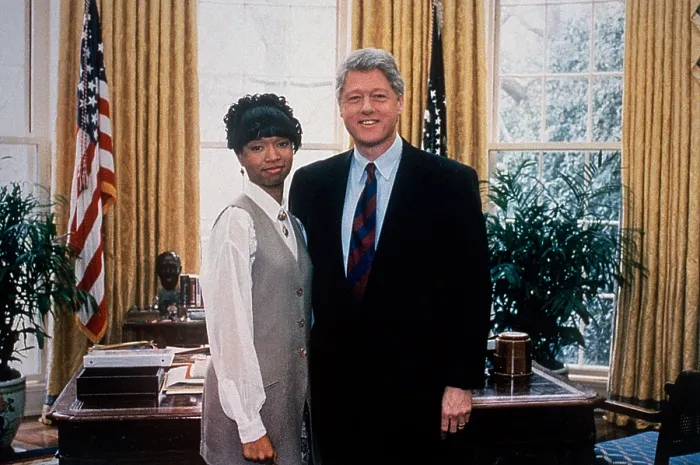 Framed Print : President Bill Clinton poses with PSA Costar, Alicia Brown, 1994. (BSLOC_2021_7_21) Framed Print : President Bill Clinton poses with PSA Costar, Alicia Brown, 1994. (BSLOC_2021_7_21)