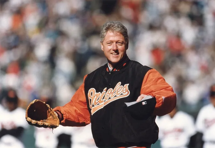 Framed Print : President Bill Clinton throwing out the first pitch of the Major League Season at Orioles Park at Camden Yards