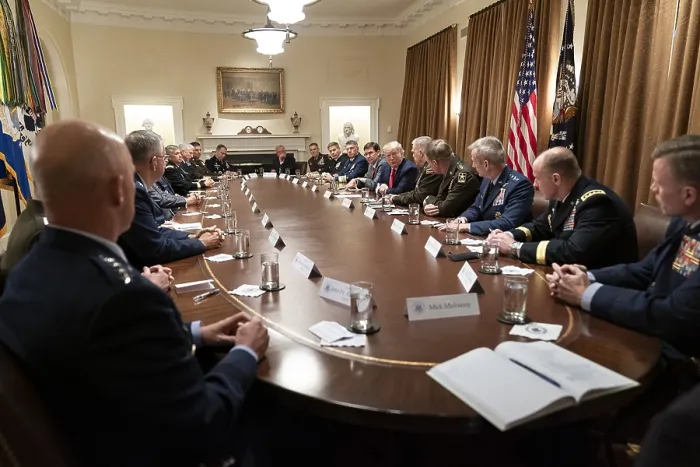 Framed Print : President Donald J. Trump, joined by the Chairman of the Joint Chiefs of Staff General Mark A. Milley, Monday, Oct. 7, 2019, in the Cabinet Room of the White House