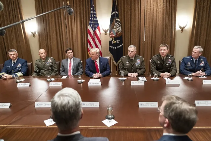 Framed Print : President Donald J. Trump, joined by the Chairman of the Joint Chiefs of Staff General Mark A. Milley, Monday, Oct. 7, 2019, in the Cabinet Room of the White House
