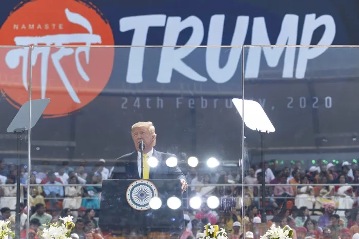 Framed Print : President Donald Trump addresses a 125, 000 crowd in the world's biggest cricket stadium in Ahmedabad, Feb. 24, 2020