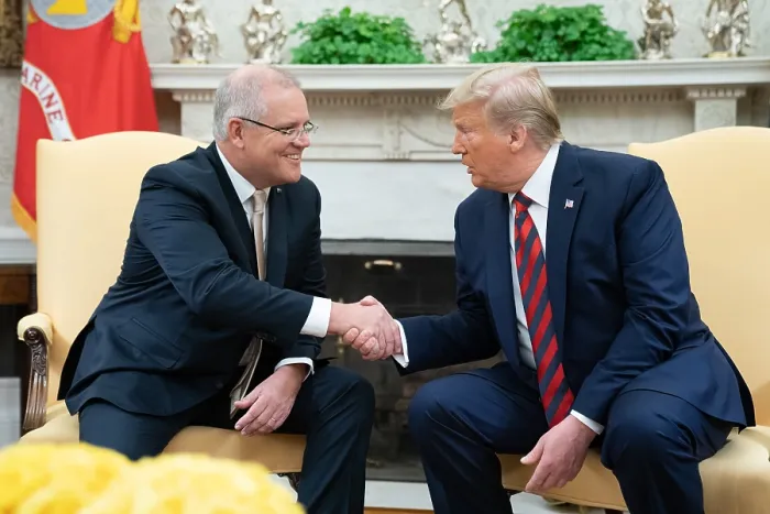 Framed Print : President Donald Trump and Australian Prime Minister Scott Morrison shake hands at the beginning of a White House meeting, Sept. 20, 2019 Framed Print : President Donald Trump and Australian Prime Minister Scott Morrison shake hands at the beginning of a White House meeting, Sept. 20, 2019