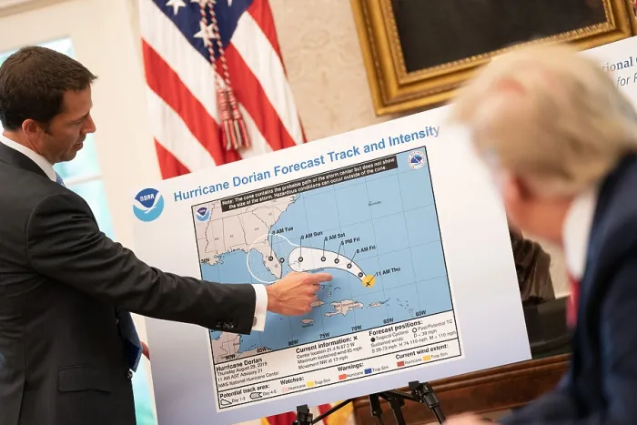 Framed Print : President Donald Trump is briefed on Hurricane Dorian as it approaches the US mainland on Thursday, Aug. 29, 2019