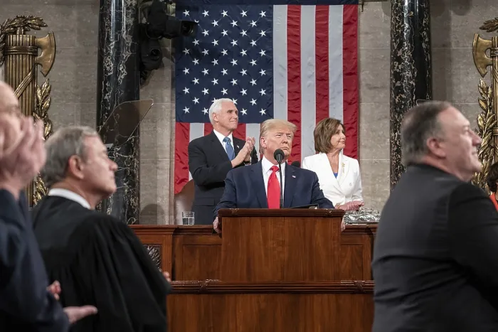 Framed Print : President Donald Trump delivers the State of the Union address, Feb. 4, 2020. VP Mike Pence and Speaker Nancy Pelosi stand behind him (BSLOC_2020_2_211)