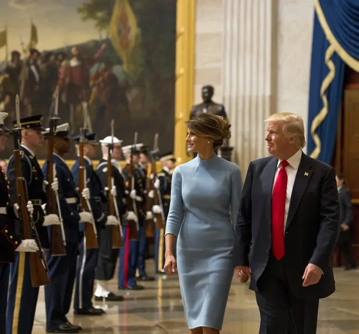 Framed Print : President Donald Trump and First Lady Melania Trump walk through a joint forces honor cordon