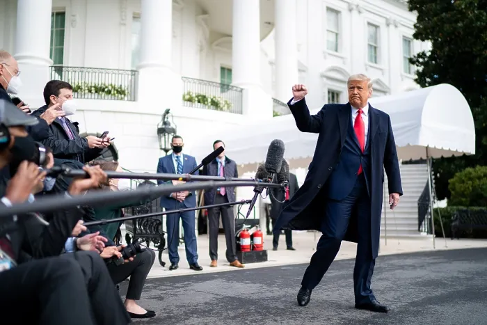 Framed Print : President Donald Trump gives a clenched salute to the press and photographers, prior to boarding Marine One, Oct. 30, 2020 Framed Print : President Donald Trump gives a clenched salute to the press and photographers, prior to boarding Marine One, Oct. 30, 2020