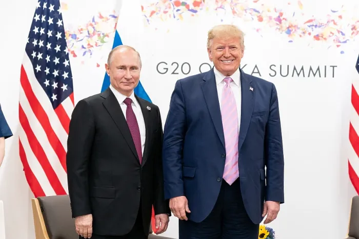 Framed Print : President Donald Trump greets President of the Russian Federation, Vladimir Putin, as he arrives at their bilateral meeting during the G20 Japan Summit, June 28, 2019, in Osaka
