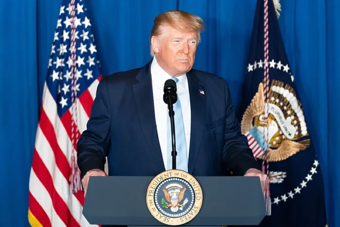 Framed Print : President Donald Trump holding a press conference, Friday, Jan. 3, 2020, following the US assassination of Iranian commander Qassim Soleimani (BSLOC_2020_1_225)