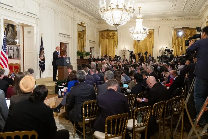 Framed Print : President Donald Trump holds a contentious press conference regarding the midterm election results Wednesday, Nov. 7, 2018, in the East Room of the White House (BSLOC_2018_9_198)