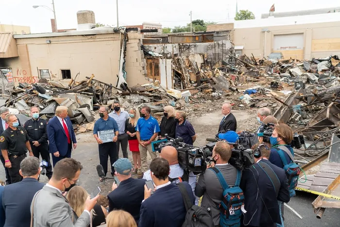 Framed Print : President Donald Trump with John Rode, former owner of the Rodes Camera Shop, which was destroyed in rioting on Aug. 31, 2020, in Kenosha, WI Framed Print : President Donald Trump with John Rode, former owner of the Rodes Camera Shop, which was destroyed in rioting on Aug. 31, 2020, in Kenosha, WI