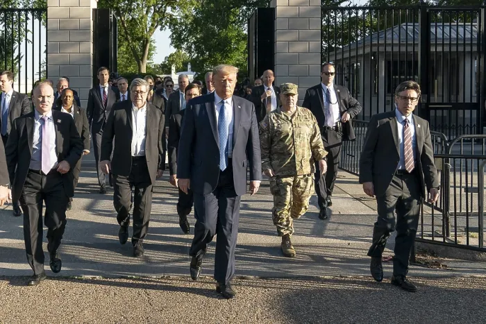 Framed Print : President Donald Trump leads US political and military leaders on a march from the White House, through Lafayette Park, to St. Johns Episcopal Church, June 1, 2020 Framed Print : President Donald Trump leads US political and military leaders on a march from the White House, through Lafayette Park, to St. Johns Episcopal Church, June 1, 2020
