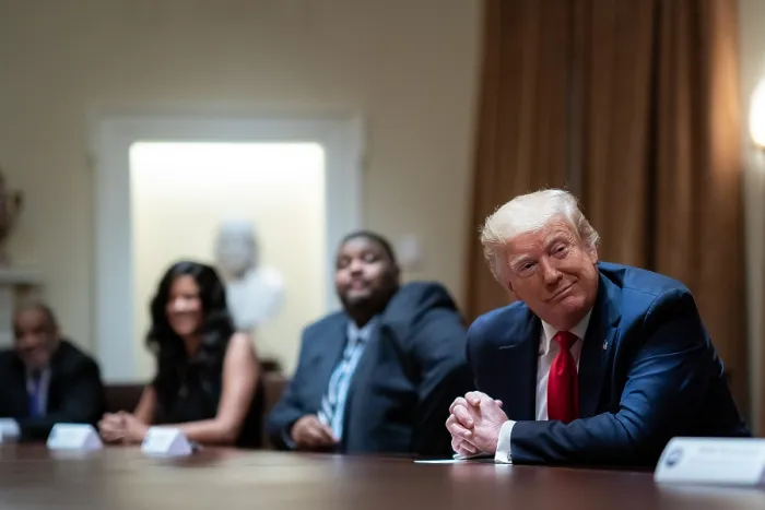 Framed Print : President Donald Trump listens to African American supporters during a White House meeting on race relations, who unanimously praised the President Framed Print : President Donald Trump listens to African American supporters during a White House meeting on race relations, who unanimously praised the President