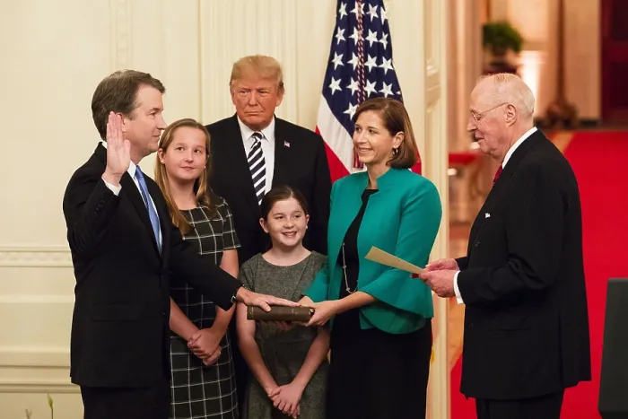 Framed Print : President Donald Trump looks on as Anthony Kennedy, swears in Judge Brett Kavanaugh as a Supreme Courts associate justice, Oct. 8, 2018