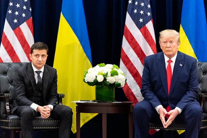 Framed Print : President Donald Trump in a meeting with Ukraine President Volodymyr Zalensky, Sept. 25, 2019