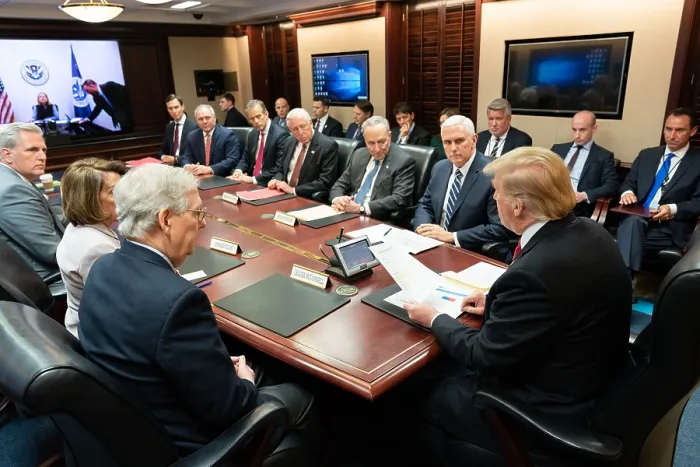 Framed Print : President Donald Trump meets legislative leaders who could not resolve the impasse caused by Trump's demands for 5.6 billion dollars for a border wall. Jan. 2, 2019