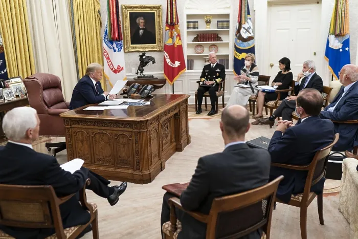 Framed Print : President Donald Trump meets with members of the White House Coronavirus Task Force, during a resurgence of the COVID-19 pandemic. Among the attendees are VP Mike Pence, Dr Framed Print : President Donald Trump meets with members of the White House Coronavirus Task Force, during a resurgence of the COVID-19 pandemic. Among the attendees are VP Mike Pence, Dr