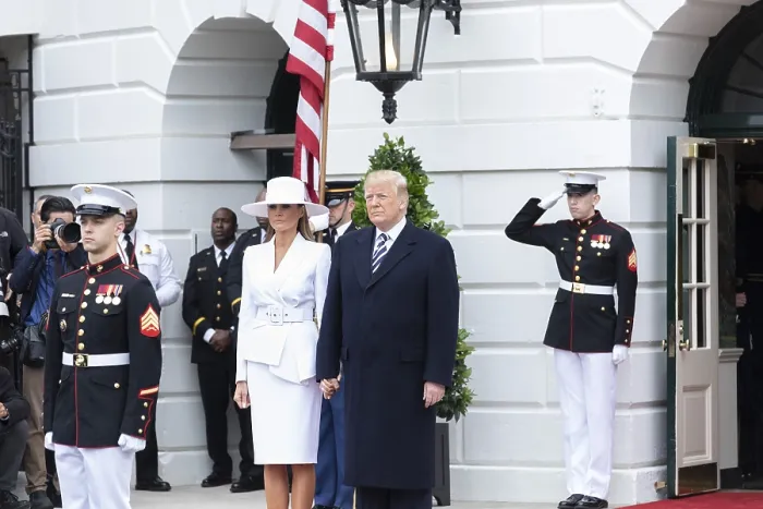 Framed Print : President Donald Trump and Melania Trump at the official arrival ceremony for the President of France