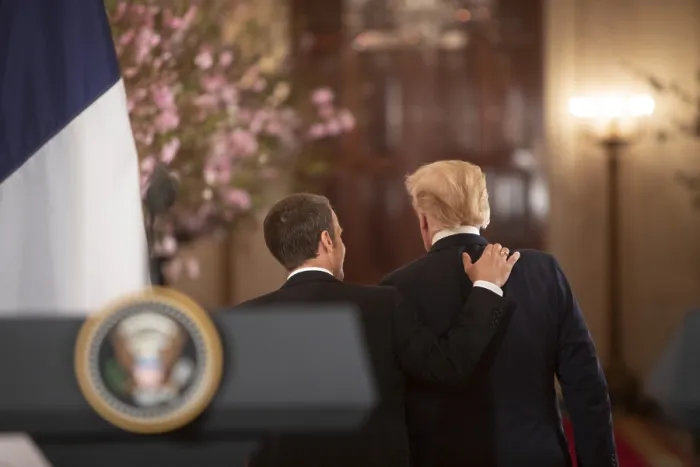 Framed Print : President Donald Trump and President Emmanuel Macron of France, walk away after meeting with the press, April 24, 2018 Framed Print : President Donald Trump and President Emmanuel Macron of France, walk away after meeting with the press, April 24, 2018