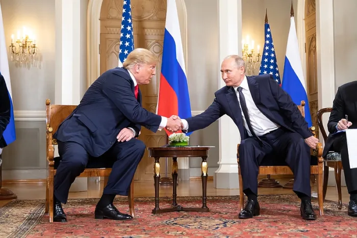 Framed Print : President Donald Trump and President Vladimir Putin shaking hands before photographers in Helsinki, July 16, 2018 (BSLOC_2018_6_193)