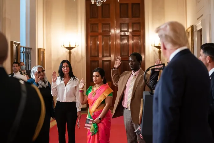 Framed Print : President Donald Trump presides at a White House naturalization ceremony, as Acting Secretary of Homeland Security, Chad Wolf, administers the citizenship oath, August 25, 2020