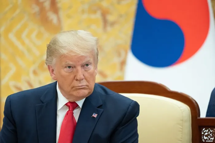 Framed Print : President Donald Trump in a press conference with South Korean President Moon Jae-in (not shown). June 30, 2019, Seoul, South Korea (BSLOC_2019_6_229)