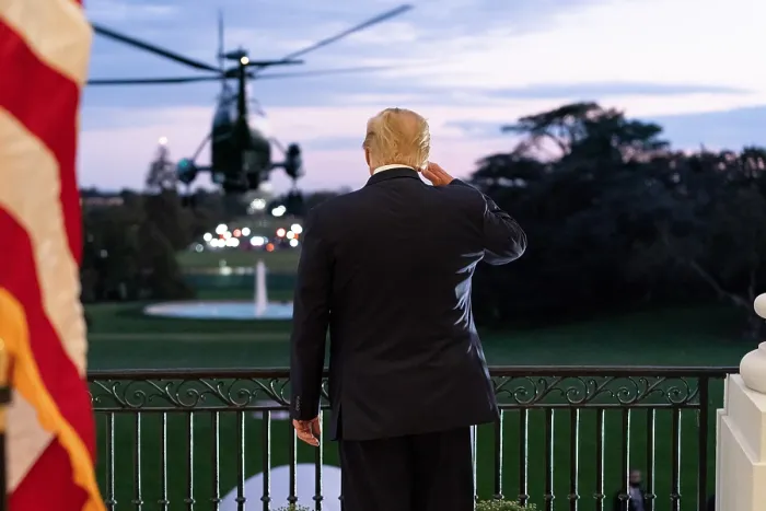 Framed Print : President Donald Trump salutes Marine One from the South Balcony of the White House Blue Room, Oct