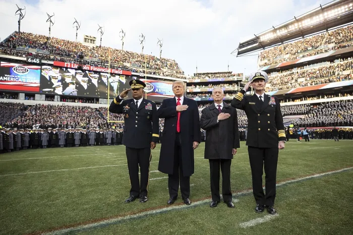 Framed Print : President Donald Trump, and Secretary of Defense James Mattis, stand for the national anthem at the Army-Navy Football Game. Philadelphia, Dec. 8, 2018 (BSLOC_2019_2_197) Framed Print : President Donald Trump, and Secretary of Defense James Mattis, stand for the national anthem at the Army-Navy Football Game. Philadelphia, Dec. 8, 2018 (BSLOC_2019_2_197)