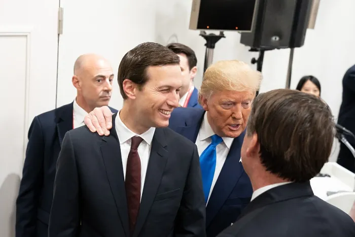 Framed Print : President Donald Trump with Senior Advisor and son-in-law Jared Kushner, in conversation following G20 Women's Empowerment Event, June 28, 2019, Osaka