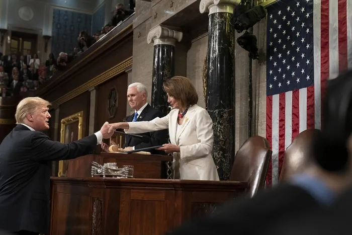 Framed Print : President Donald Trump shakes hands with Speaker of the House, Nancy Pelosi, before his State of the Union address, Feb. 5, 2019 (BSLOC_2019_2_206)