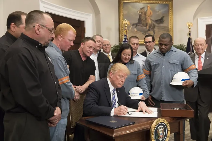 Framed Print : President Donald Trump signs an executive order imposing tariffs on steel and aluminum imports