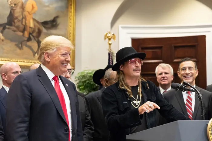 Framed Print : President Donald Trump smiles as Kid Rock speaks after the signing of the Music Modernization Act. October 11, 2018, Roosevelt Room, White House (BSLOC_2018_8_200)