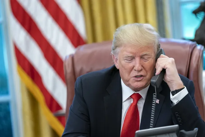 Framed Print : President Donald Trump speaks with Bahamian Prime Minister Hubert Minnis expressing his condolences for the loss of life and damage in the Bahamas, Wednesday, Sept