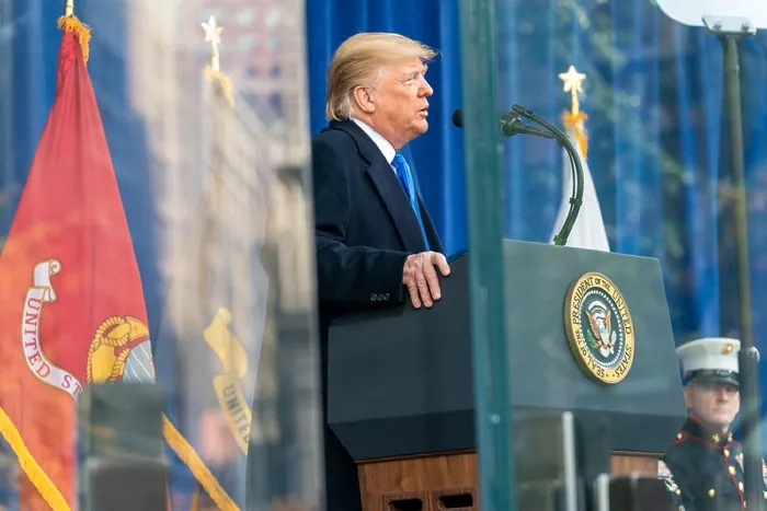 Framed Print : President Donald Trump speaks from behind bulletproof glass at a Veterans Day wreath-laying ceremony at Madison Square in New York City, November 11, 2019 (BSLOC_2019_9_218) Framed Print : President Donald Trump speaks from behind bulletproof glass at a Veterans Day wreath-laying ceremony at Madison Square in New York City, November 11, 2019 (BSLOC_2019_9_218)