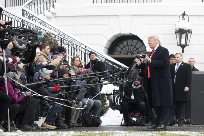 Framed Print : President Donald Trump speaks to the press before leaving to address the American Farm Bureau Federation Convention in New Orleans, Jan. 14, 2019 (BSLOC_2019_2_204)