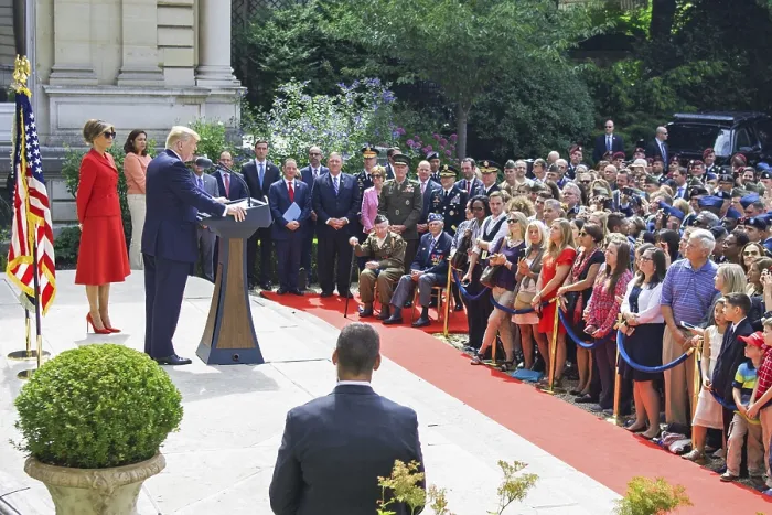 Framed Print : President Donald Trump speaks to service members and veterans in Paris Framed Print : President Donald Trump speaks to service members and veterans in Paris