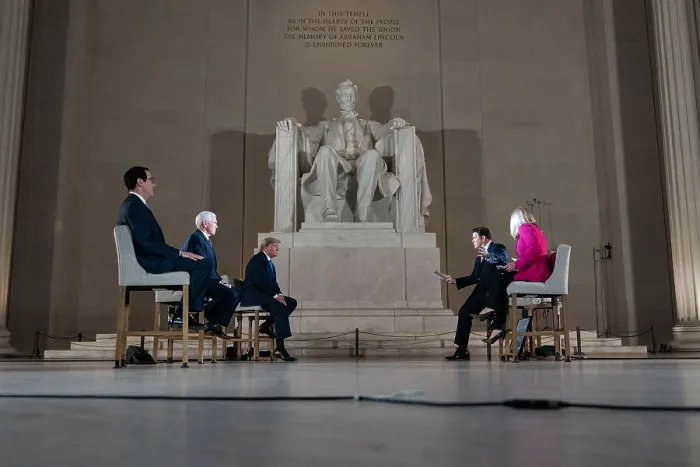 Framed Print : President Donald Trump stages a FOX News Channel virtual town hall in the Lincoln Memorial. Entitled America Together: Returning to Work