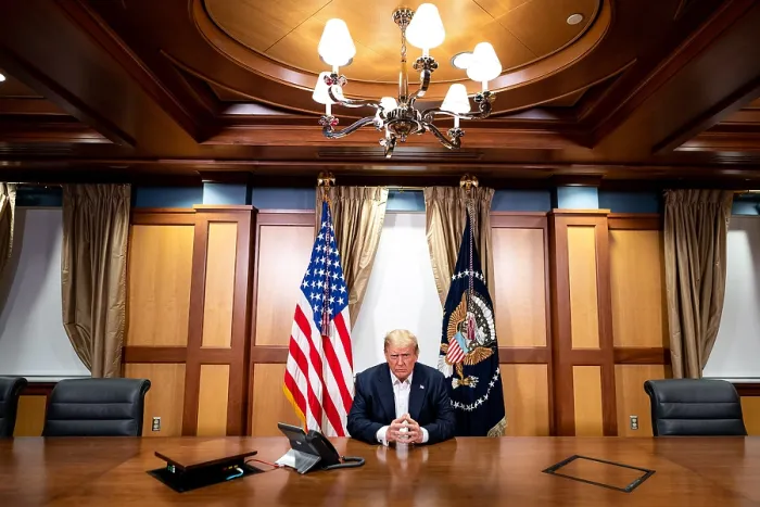 Framed Print : President Donald Trump in teleconference call with VP Mike Pence, Defense Secretary Mark Esper, Sec. of State Mike Pompeo, Joint Chiefs Gen