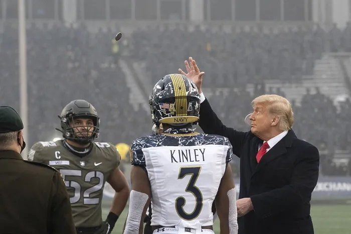 Framed Print : President Donald Trump tosses a coin at the start of the 121st Army-Navy football game at West Point, Dec. 12, 2020 (BSLOC_2021_1_4)
